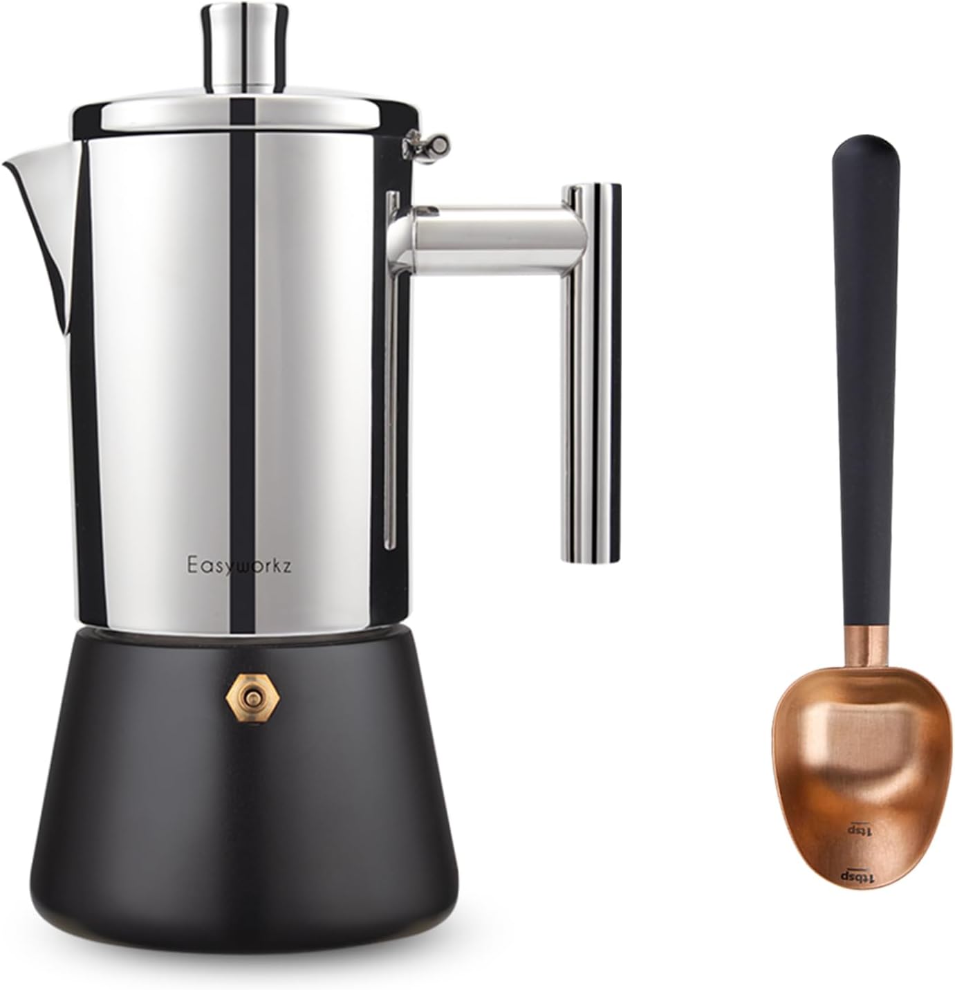 Easyworkz Diego Stovetop Espresso Maker Stainless Steel 12Cup 17.5 oz Moka Pot, Bundled Stainless Steel Long Hollow Handle Coffee Scoop,7g Measuring Spoon, Rose Gold-Black
