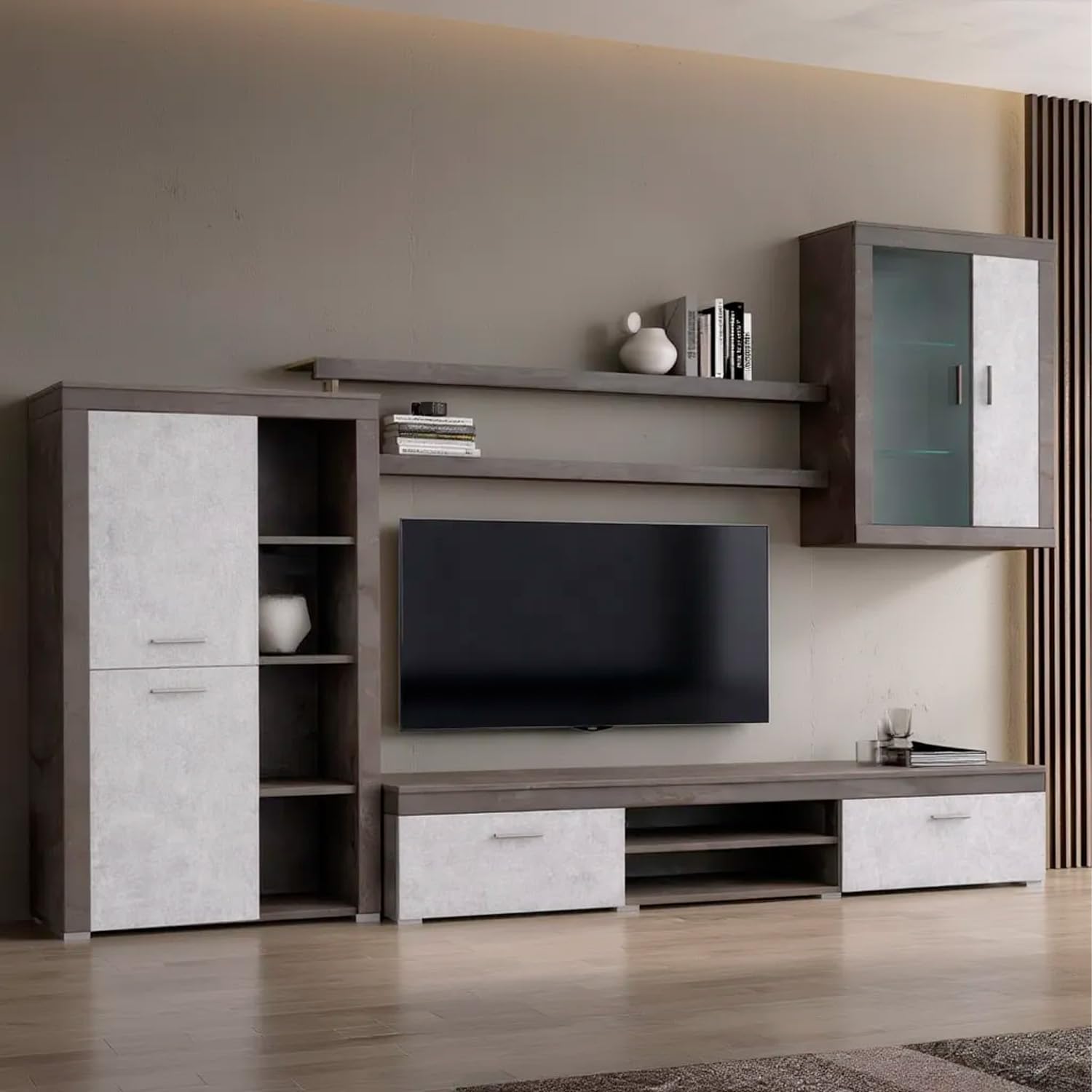 Arreditaly Parete Attrezzata Da Soggiorno Salotto Moderna Con Ante Mensole Vani A Giorno Vetrinetta Mobile TV Design Moderno Moduli Sospesi 293 x 193 x 50 Cm (Ossido e Grigio Cemento)