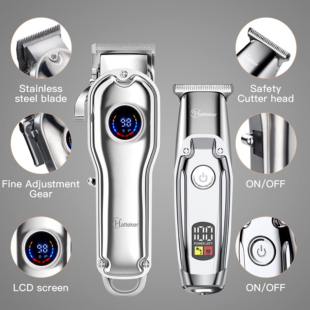 Hatteker Tondeuse à cheveux pour homme IPX7 - Étanche - Kit de coupe de cheveux professionnel - Sans fil - Rechargeable - Lame en T - Avec écran LED