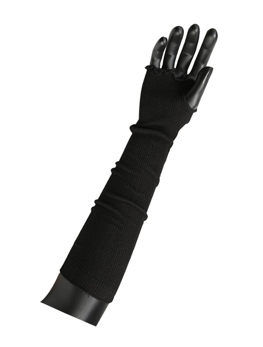 Sourcing Map Women's Black Elbow Length Stretchy Thumbhole Arm Warmer Ruffles Fingerless Long Gloves Long