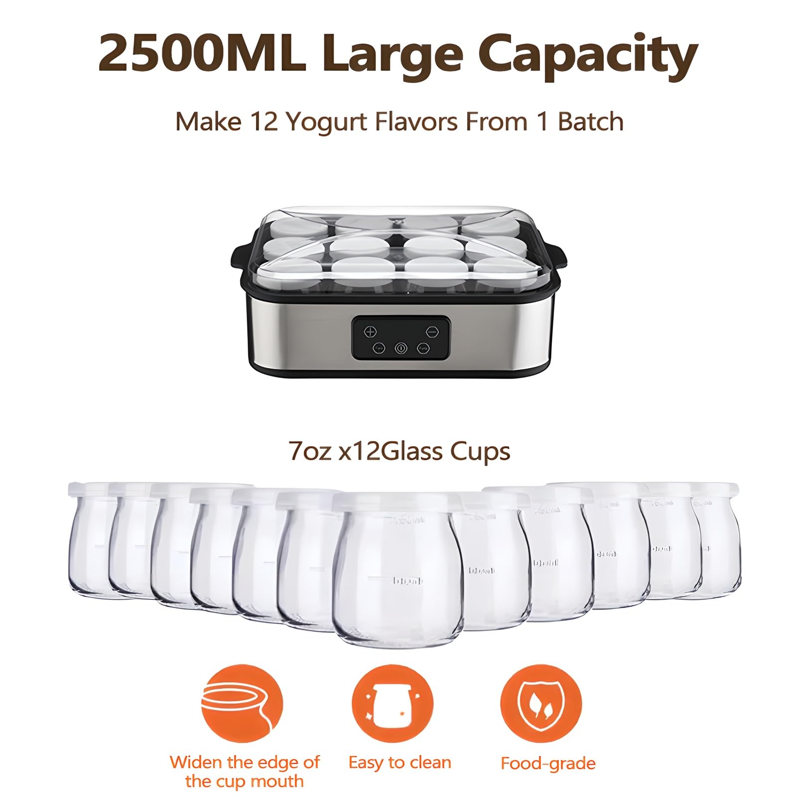 Maszyna do robienia jogurtu, 2500 ml automatyczna maszyna do robienia jogurtu z 12 szklanymi słoikami, 1-99 godzinny timer i 20-48℃ regulowana temperatura, maszyny do robienia jogurtu do świeżego