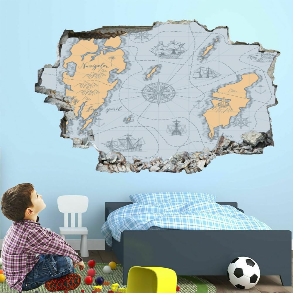 Decorazione murale 3D, Mappa nautica Adesivo murale rimovibile Camera Stile retrò murali Decalcomania foro muro per ragazze Carta da parati camera da letto per bambini Decorazioni per matrimoni