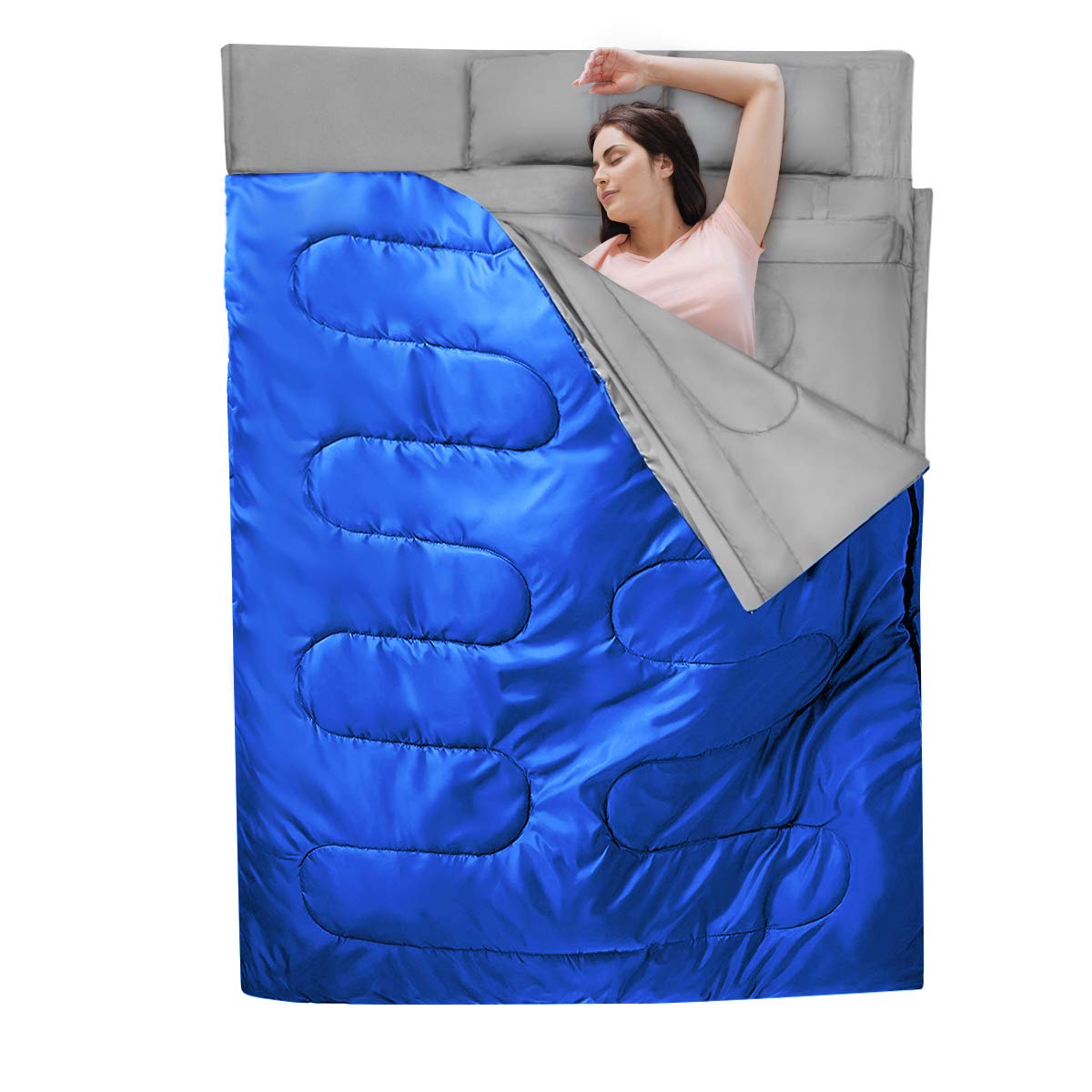 GYMAX Saco de Dormir Doble 2 en 1, Saco de Dormir Adulto con 2 Almohadas y Bolsa de Transporte, Saco Cama Campismo para 2 Personas, Ligero y Resistente al Agua de 0 °C a 15 °C
