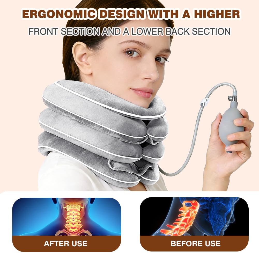 Collare gonfiabile, design di allungamento a 3 strati, supporto per il collo, collarino gonfiabile, per il collo, per il collo, per il collo, per la casa, per alleviare il dolore, grigio chiaro