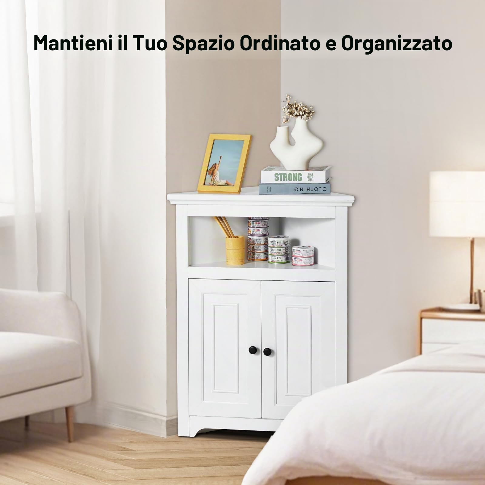 VEVOR Mobiletto Angolare Portaoggetti Altezza 84,5cm Mobiletto da Casa in Legno con 2 Porte Ripiani Regolabili, Mobiletto Angolare Indipendente per Soggiorno, Cucina, Lavanderia, Bagno, bianco