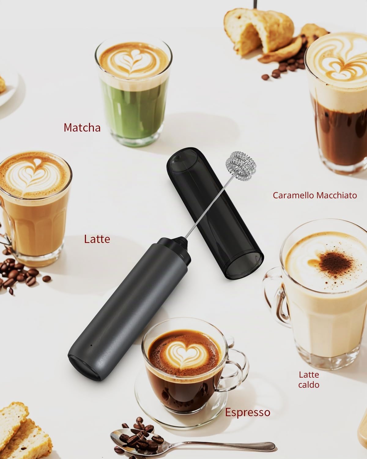 CIRCLE JOY Montalatte Elettrico Ricaricabile, Frullino a Immersione Senza Fili, Doppia Testa Portatile Schiumalatte per Caffè, Latte, Cappuccino, Matcha, Cioccolata Calda, Nero