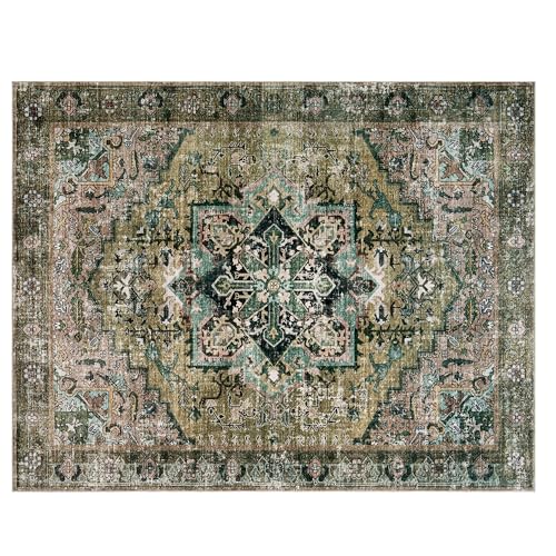 Image of AMERLIFE 8'x10' Area Rug, Machine Washable Vintage Area Rug- Soft Carpet with Non-Slip Backing for Living Room, Bedroom, Hallway- Green