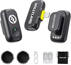 Hollyland LARK A1 Mini Duo – Microfone Sem Fio Mini para iPhone 14/13/12 (2TX + Lightning RX), Microfone Magnético para YouTube, TikTok, Podcast e Vlogs (Preto, sem Case de Carregamento)