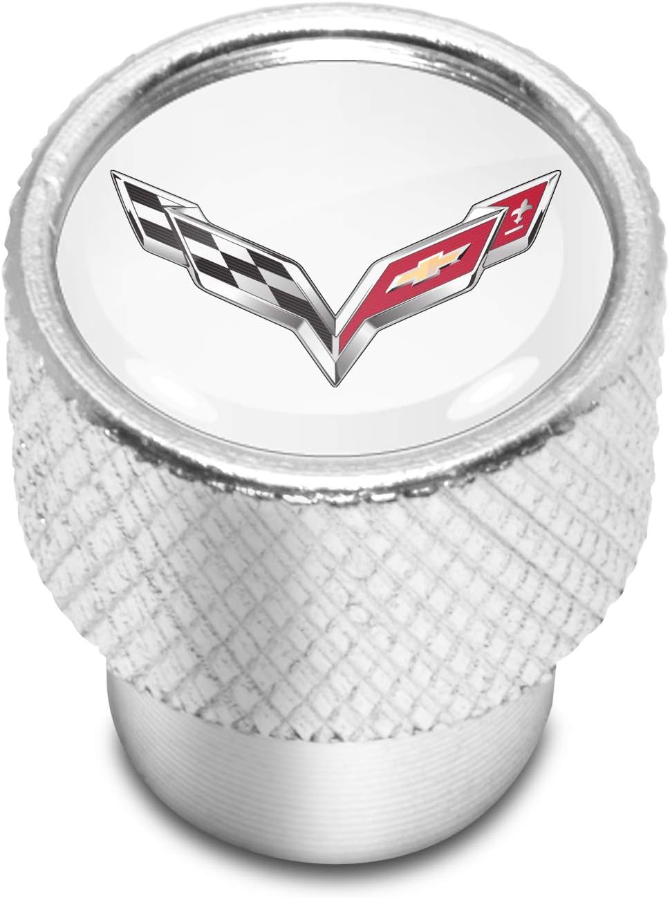 iPick Image for Chevrolet Corvette C7 Logo White on Shining Silver Easy-Grip Aluminum Tire Valve Stem Caps - Official Licensed