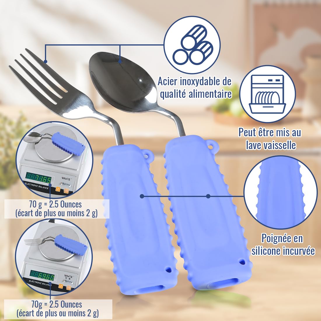 Ustensiles Adaptés pour Personnes Âgées & Handicapées - Cuillère et Fourchette Ergonomiques en Inox - Manche Courbé - Silicone Coloré - Lavable Lave-Vaisselle(Main droite)