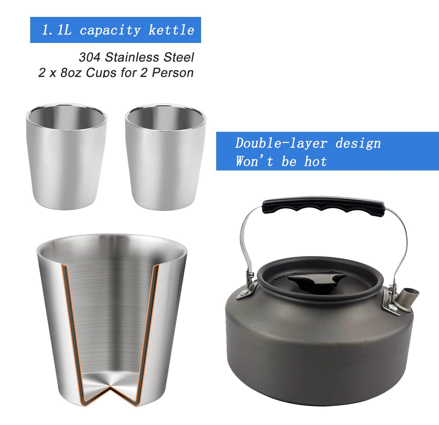 Set di pentole da campeggio, in lega di alluminio, leggero, con pentole e padelle in acciaio inox, piatti, forchette, coltelli, cucchiai, per 2-3 persone