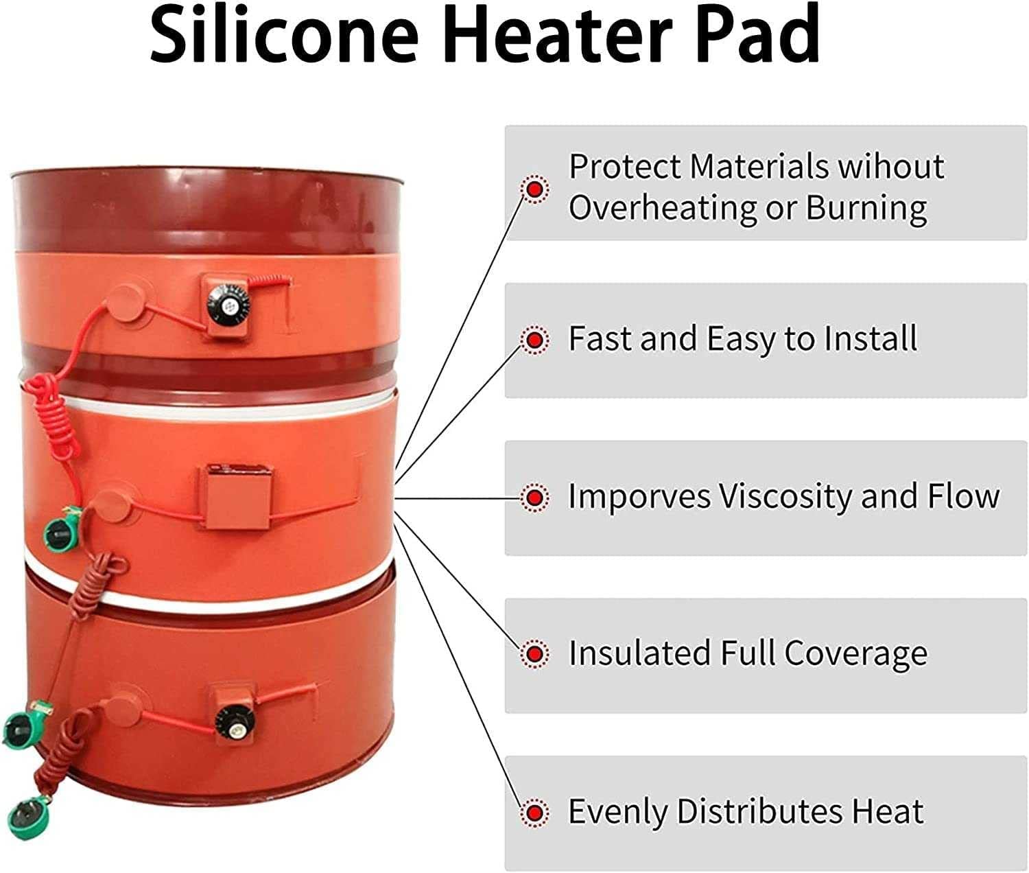 Chauffe-fût à huile en métal Bande chauffante de seau de chauffage de tambour en métal, bande de chauffage de seau de tambour d'huile en métal de silicone avec thermostat réglable, chauffage de seau