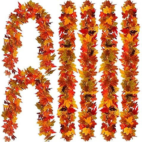 6PCS Fall Maple Leaves Garland, Party Joy 5.6Ft Artificial Maple Leaf Autumn Garland Hanging Fall Vines Table Decorations Front Door Fall Decor Thanksgiving Decorations Decor Outside Indoor Decor Cover