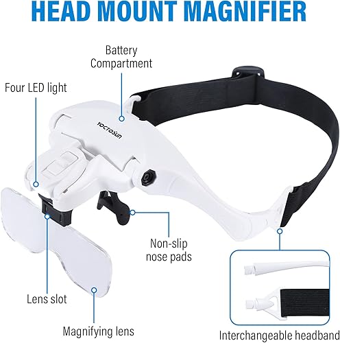 Miniatura 2 de YOCTOSUN Visera de aumento de cabeza con 4 luces LED y 5 lentes desmontables 1X, 1.5X, 2X, 2.5X 3.5X - Lupa manos libres para joyas, artes,