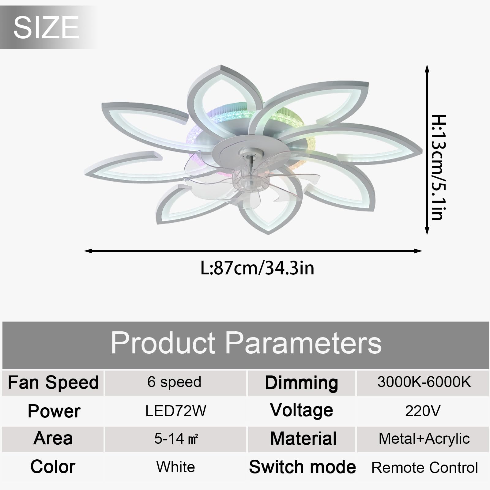 RGB Deckenlampe mit Ventilator und Fernbedienung Leise Reversibel Deckenventilator mit Beleuchtung Dimmbar 6 Gang DC Smart Deckenleuchte mit Ventilator Weiß 7 BläTter für Wohnzimmer-87cm