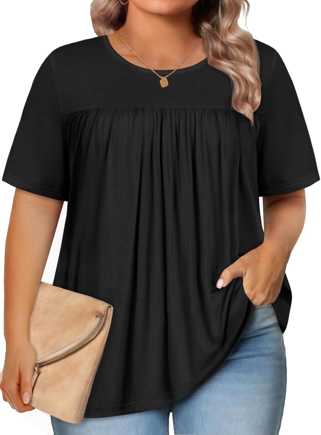 JOELLYUS Womens Plus Size Tops Short Sleeve Summer Tunic Casual Loose Fit Crewneck Shirts Blouse