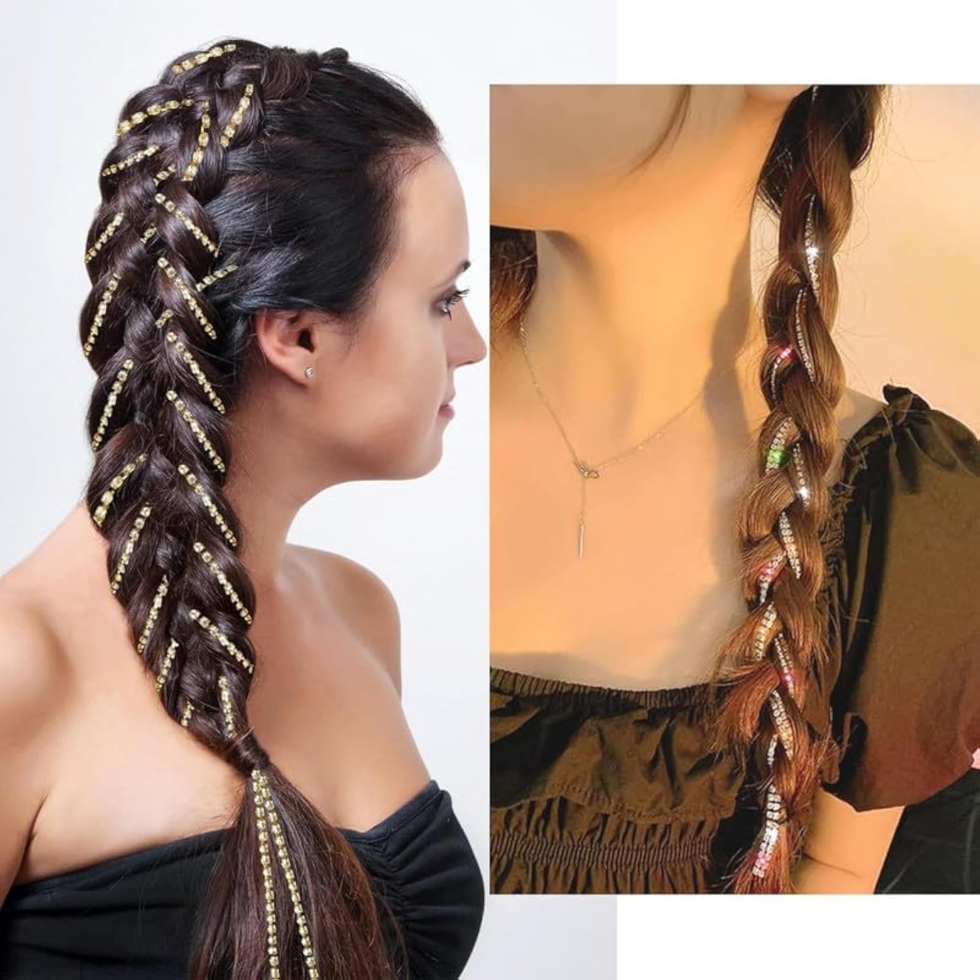 4pc Rhinestone Hair Chain Clips Set for Girls, Silver & Gold