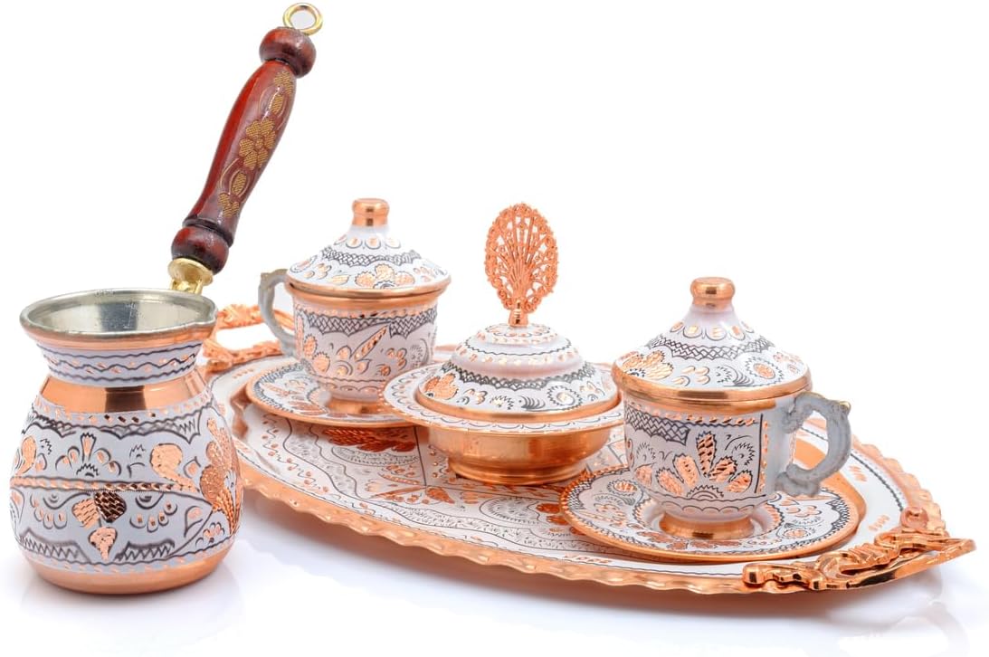 SODEF Embossed Copper Coffee Cup Set for 6, Turkish Coffee Set with Tray, Sugar Bowl, 12-Piece Porcelain Cup Set, White, Classic Style - White