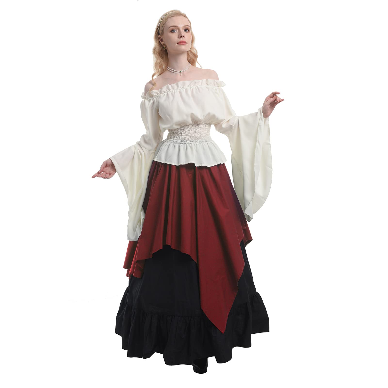 CR ROLECOS Costume de la Renaissance pour femme - Robe de paysanne médiévale à manches trompette - Chemise et jupe victoriennes