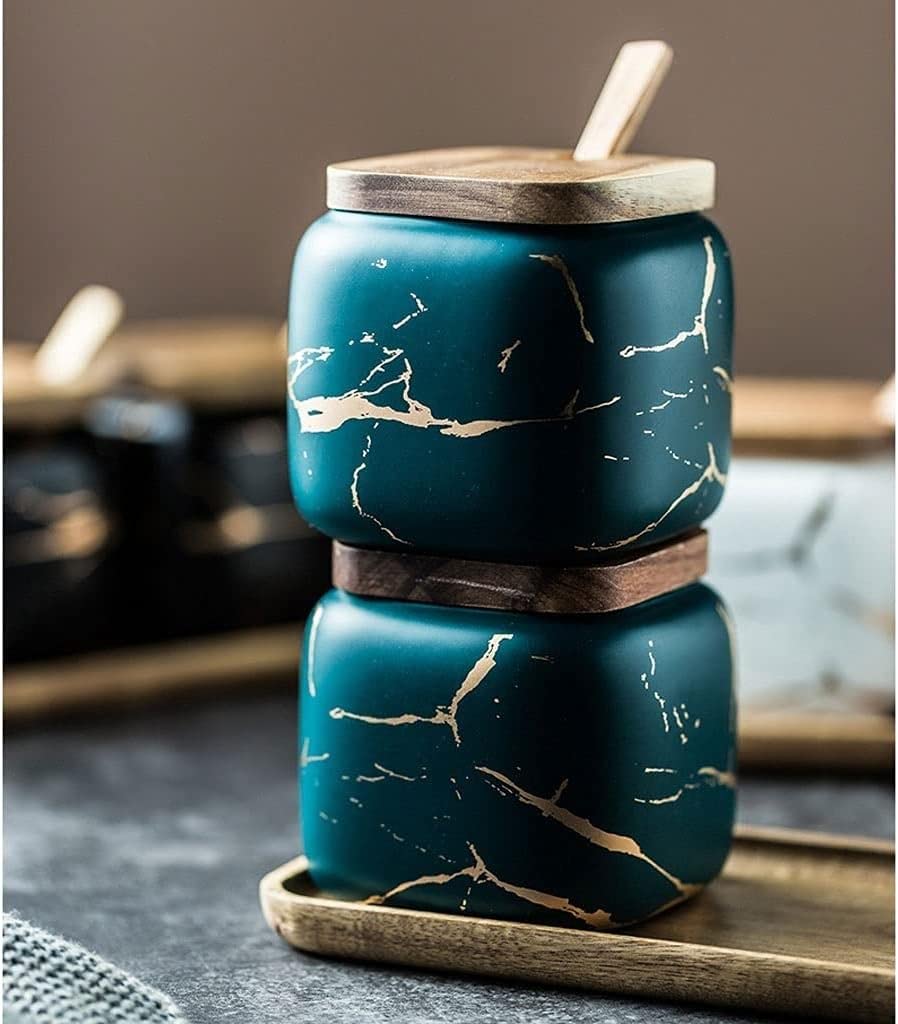 SAeWare Tarro de condimentos, contenedor de especias de cerámica con cuchara y tapa de bambú, azucarero, olla para condimentos, encimera de cocina para el hogar, color verde