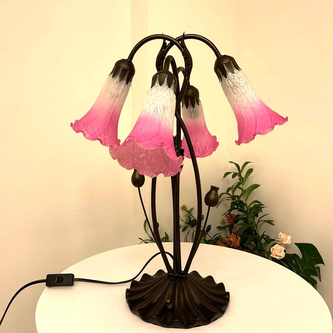 Bieye L10848 Lily Flower Blown Glass Accent Table Lamp for Living Room Bedroom Decoration (4-Light, Pink)