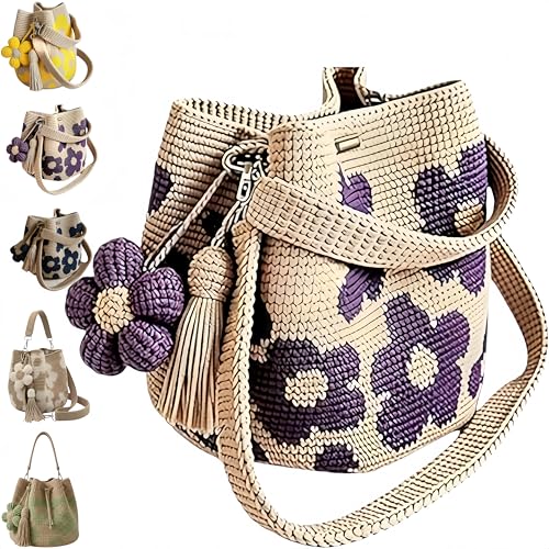 Sac fourre-tout floral en crochet violet style bohème avec bandoulière