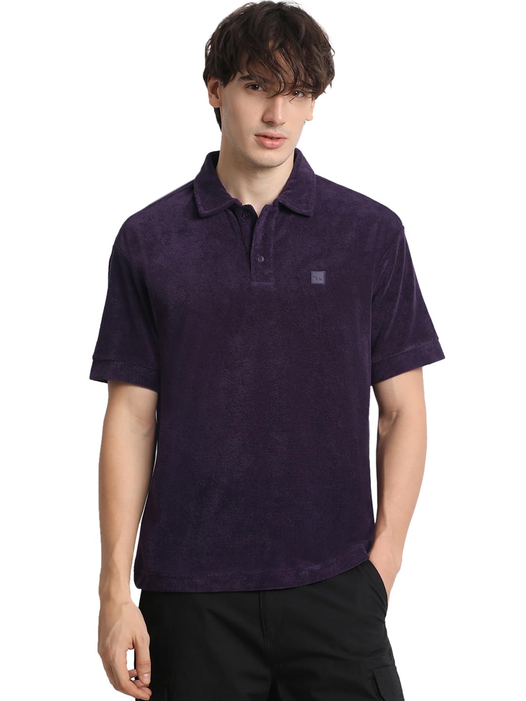 THE BEAR HOUSEMen's Purple Drop Shoulder Relaxed Fit Polo Neck T-Shirt
