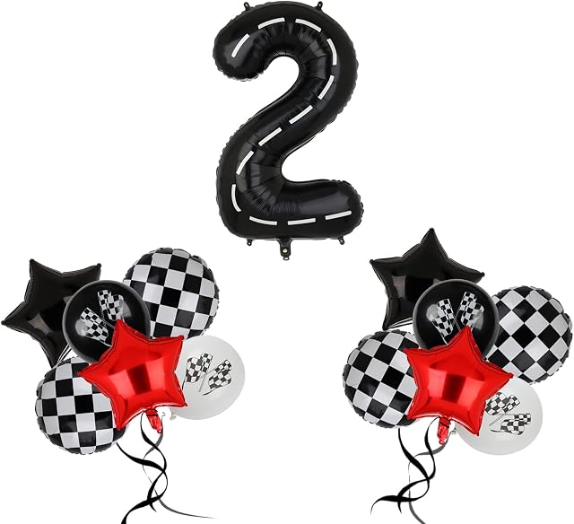Two Fast Race Car Number 2 Foil Balloons Giant Checkerboard Mylar Star Latex Balloons Racing Themed Party Decorations 13 Pcs
