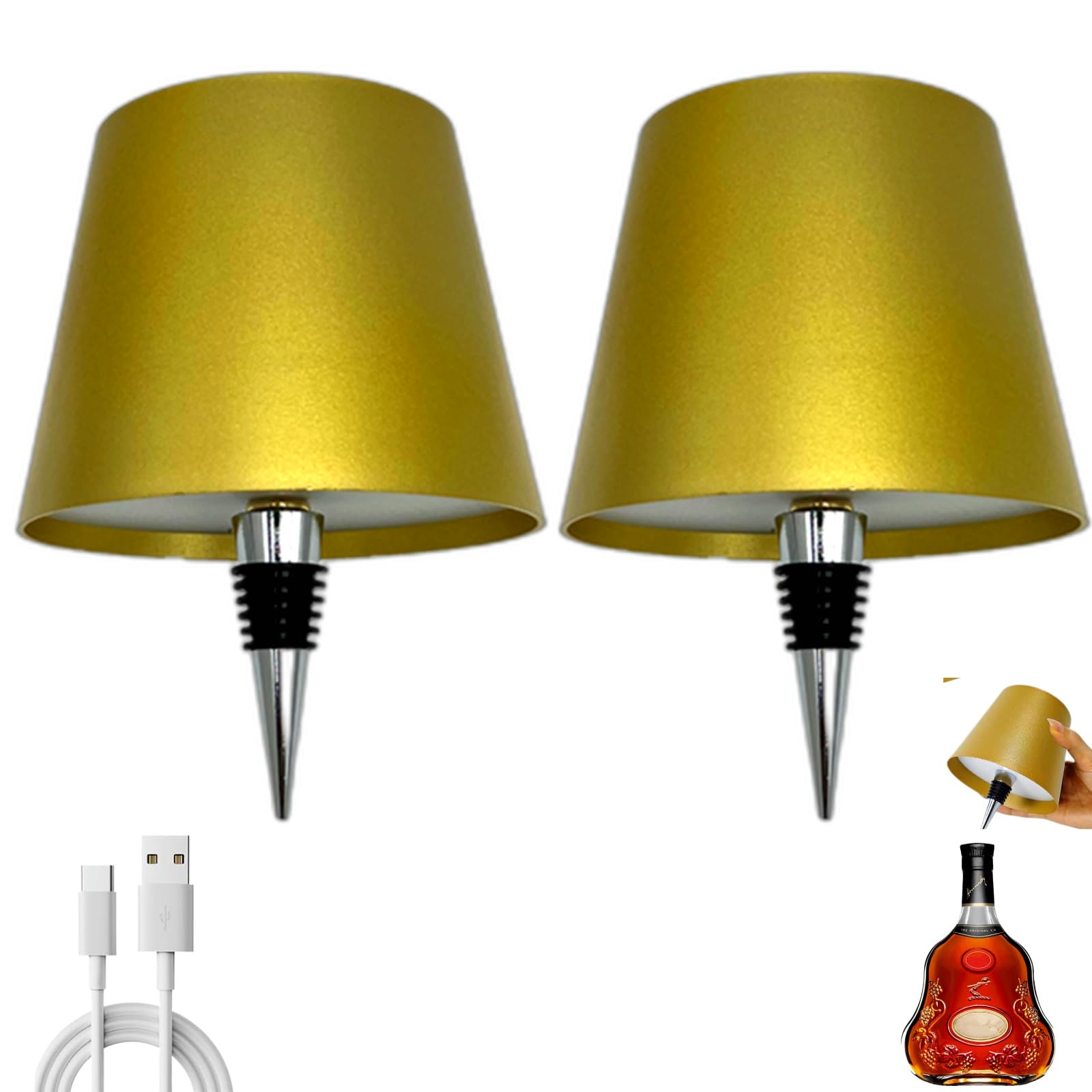 Brabola Wireless Wine Bottle Lamp, Liquor Bottle Light Rechargeable Touch Control Cordless Table Lamp with 3 Color Dimmable for Restaurant, Home, Bar, Office, Christmas (Gold, 2 Pcs)