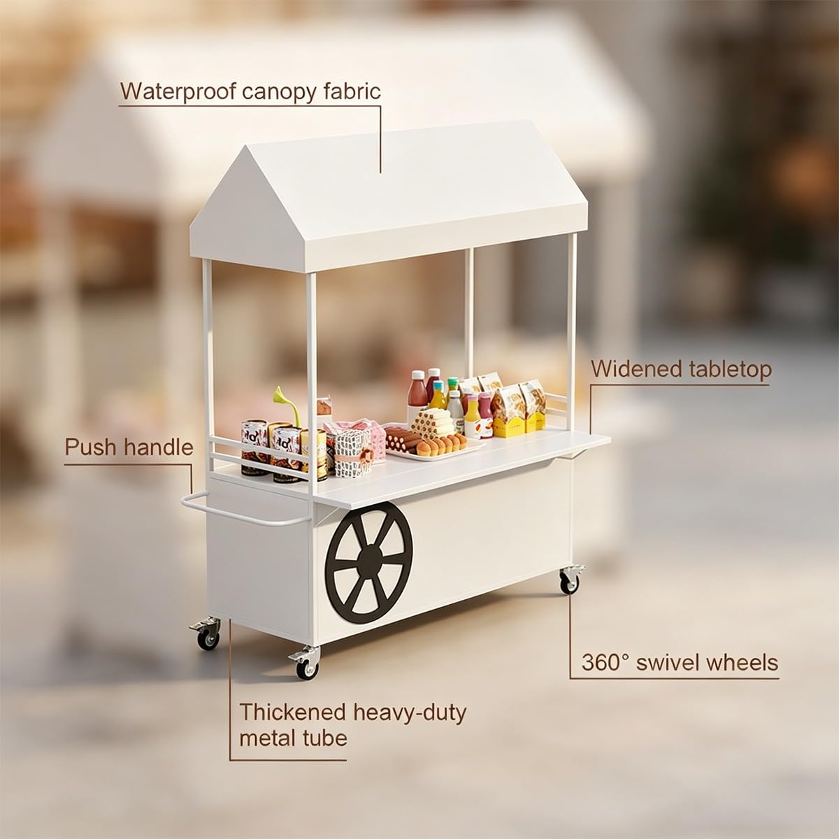 Carrito portátil con toldo, diseño plegable resistente para ventas al aire libre, mercados, eventos y negocios de aperitivos