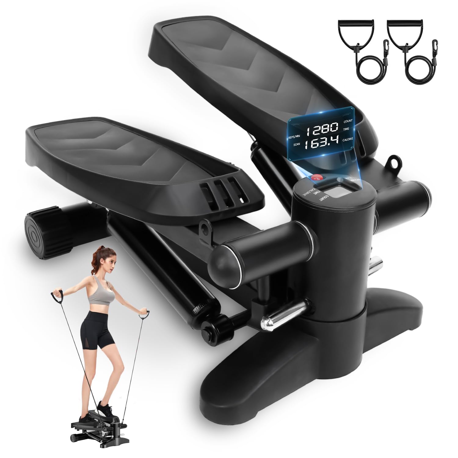 Hulser Stepper Met Display - Verstelbare Weerstand - Met Weerstandsbanden - Home Gym Fitnessapparaat Thuis Sporten Twist Fitness Swing Mini Cardio Home Trainer