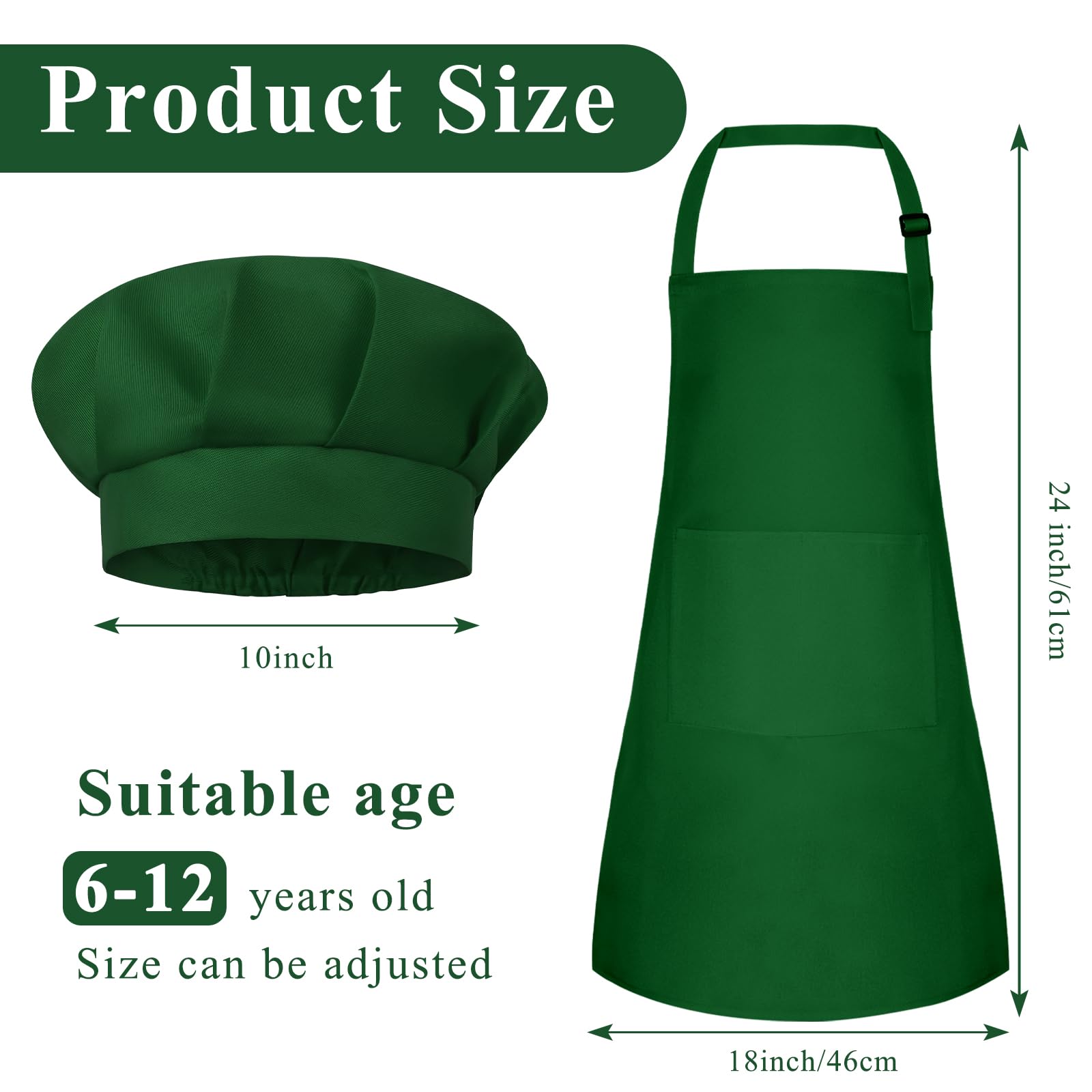 BOUBONI Kids Apron and Hat Set - Adjustable Art Apron with 2 Pockets and Toddler Chef Hat for Cooking Baking, Painting (Dark Green) - Image 2