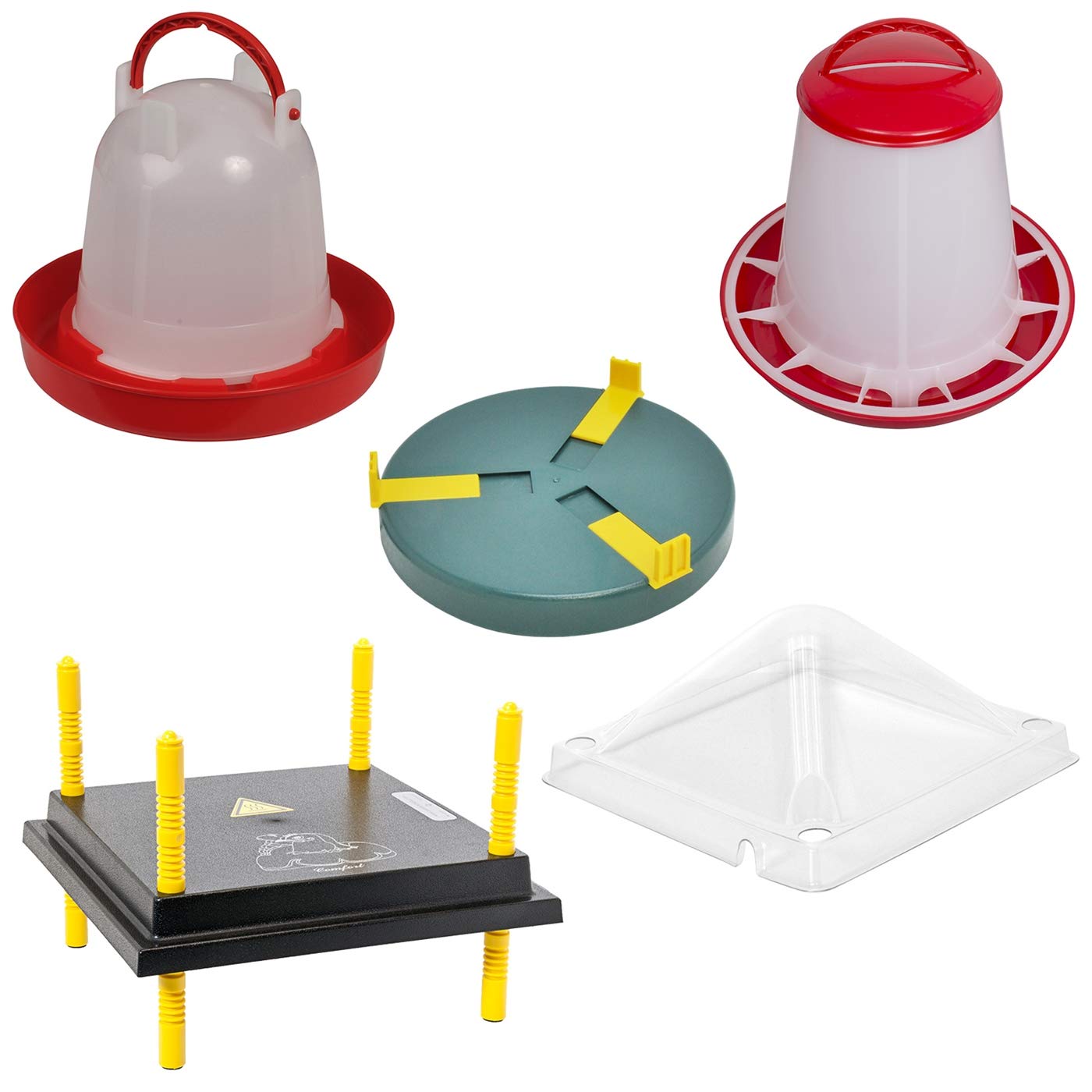 VOSS.farming Kükenaufzucht Komplettset für bis zu 25 Küken, 30x30cm Wärmeplatte mit Abdeckung + Tränke + Futterautomat + Tränkenwärmer, robust, Aufzucht Küken Frostschutz