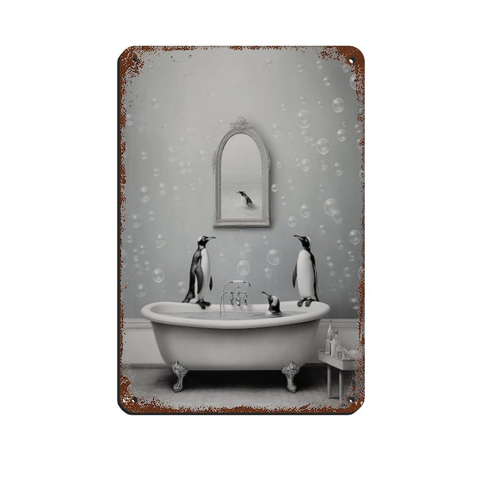 Lxwnze 20L X 30W Cm Adorable Penguins In Tub Bathroom Art Poster Tin Sign Vintage Metal Pub Club Cafe Bar Home Wall Art Decoration Poster Retro 8X12inch(20X30cm)