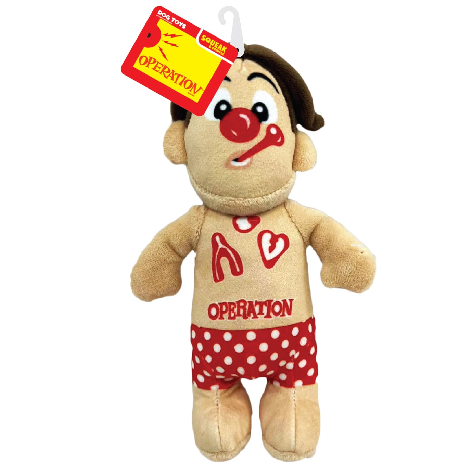 Hasbro Operation Cavity Sam Plush Dog Toy, 10-Inch Squeaker and Crinkle Interactive Toy, Tan/Red
