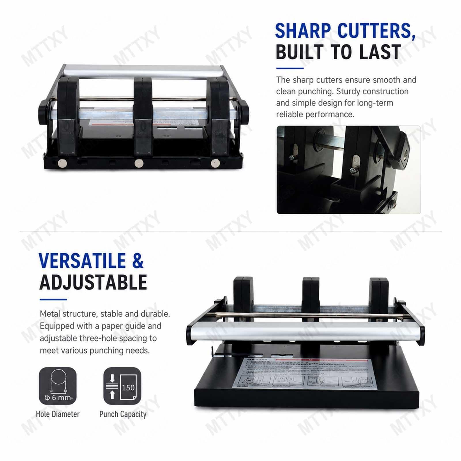 Perforatrice Robusta a 3 o 4 Fori (Capacità 150 Fogli) – Perforatrice Regolabile con Interasse Variabile – Struttura Interamente in Metallo con Leva – Ideale per Ufficio,3-Hole