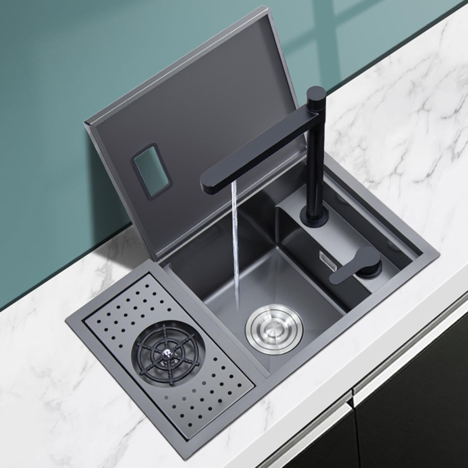 Lavello a vasca singola con rubinetto dell'acqua purificata sollevabile - Stazione di lavaggio in acciaio inox per caffetterie o bar, design elegante e funzionale