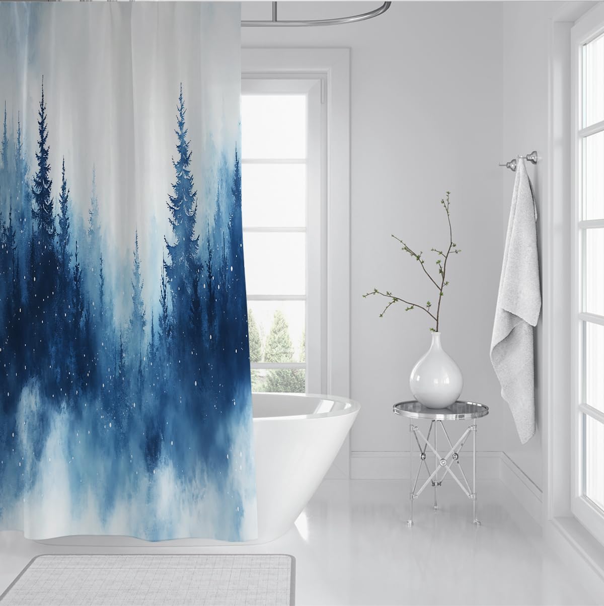 Rideau Douche Paysage forêt pins Aquarelle Bleue W200xL200 cm