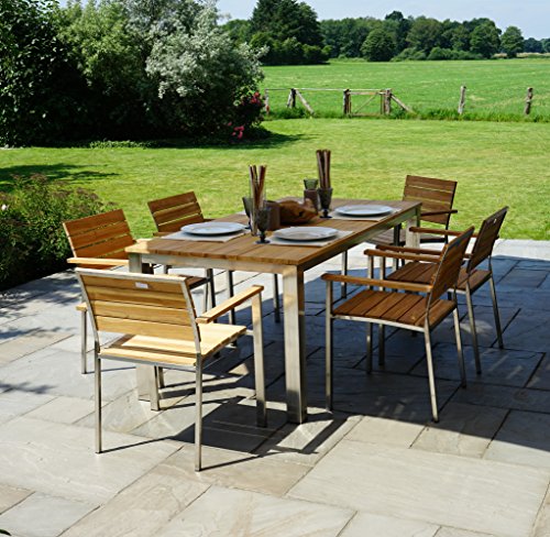 Ploß Ploß Stapelsessel Toronto Teak-Holz / Edelstahl - Gartensessel mit FSC-Zertifikat - Terrassensessel stapelbar - Gartenstuhl Braun - Garten-Stapelstuhl mit Armlehnen 65cm Ploß Ploß Stapelsessel Toronto Teak-Holz / Edelstahl - Gartensessel mit FSC-Zertifikat - Terrassensessel stapelbar - Gartenstuhl Braun - Garten-Stapelstuhl mit Armlehnen 65cm