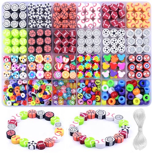 BBita 1000PCS Sports Polymer Clay Beads Bracelet Making kit 24 Style Cute Fun Ball Beads Baseball Basketball Soccer Rugby Volleyball Football Charms DIY Bracelet Making kit