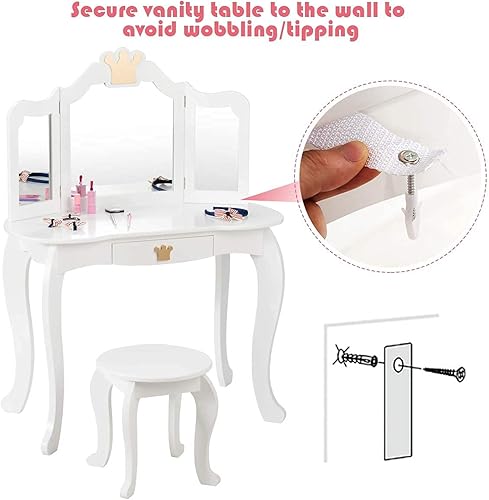 Miniatura 6 de HONEY JOY Vanity - Juego de mesa y silla de maquillaje con temática de corona con cajón y espejo de tres pliegues, espejo desmontable, juego de