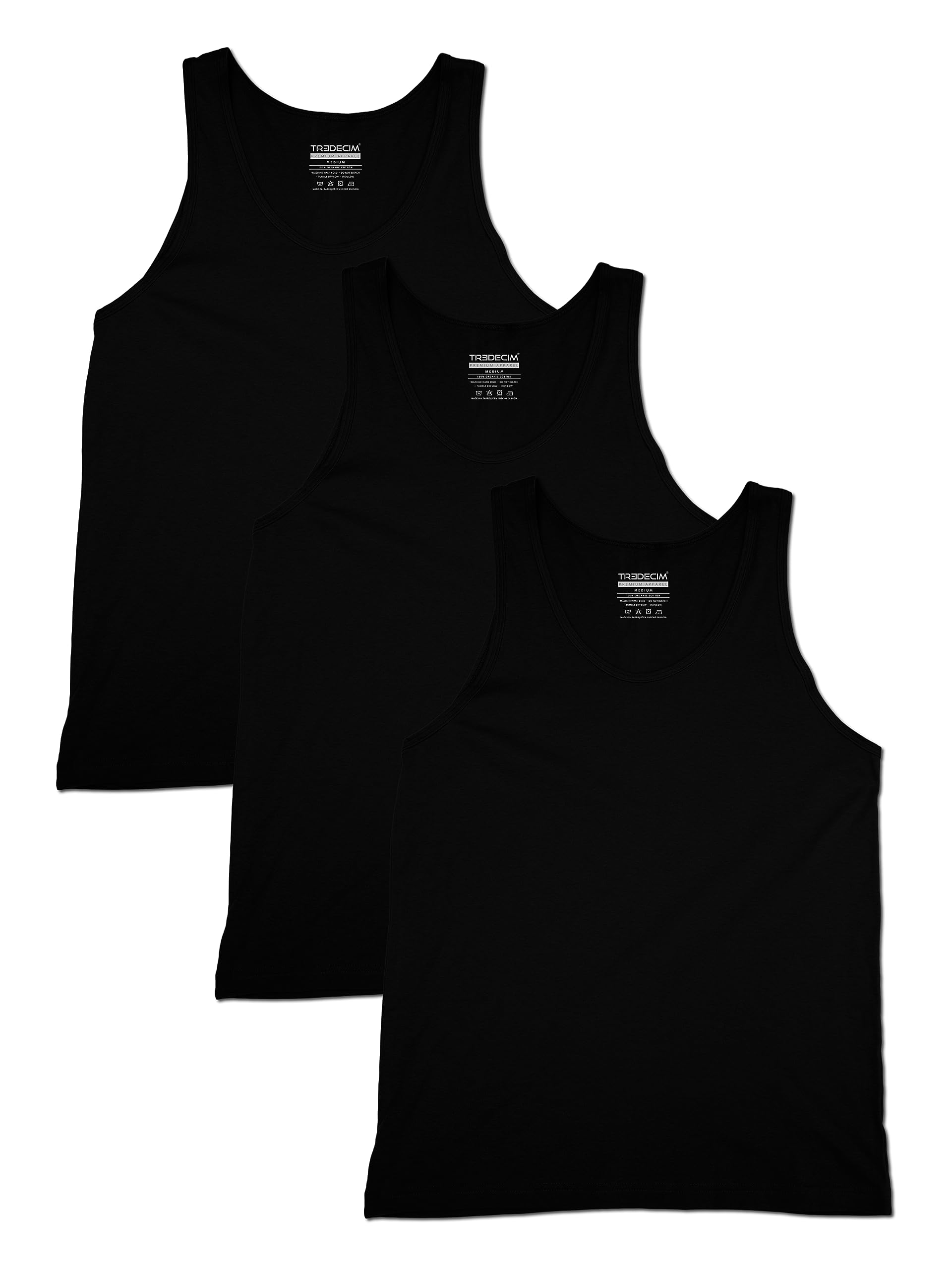 TREDECIM Men Organic Cotton Crew Neck Tank Tops Casual Classic Sleeveless Undershirts Pack of 3 (Black, X-Large)