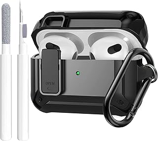 Airpods 3rd Generation Case Cover Men Lock with Cleaning Kit, OTOPO Protective Cover with Cleaning Pen Compatible with Apple Airpod 3rd Gen Case, Shockproof Rugged Shell for iPod 3 Case (Black)