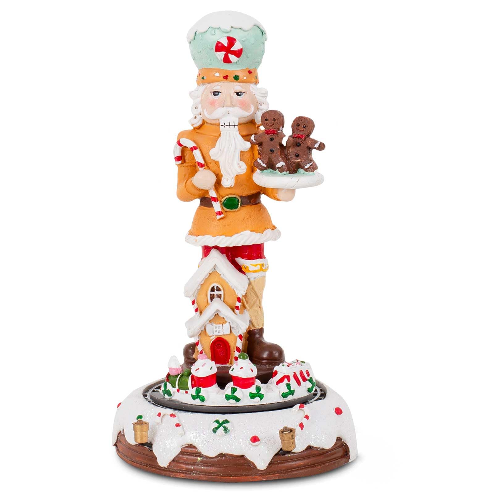 innodept12Christmas Gingerbread Nutcracker Collection Figurines, Animated Rotating Train Tiered Nutcracker Decor with LED Light, Indoor Winter Table Desktop Fireplace Decorations