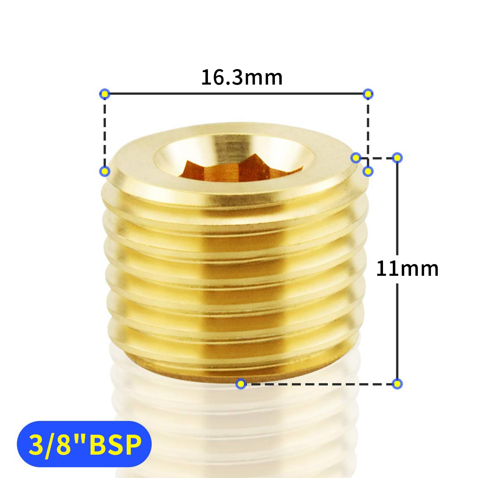 TAILONZ PNEUMATIC Brass Pipe Fitting, Hex Counter Sunk Plug, 3/8 Inch BSP Male Pipe - (Pack of 5), Yellow, 3/8" - Image 2