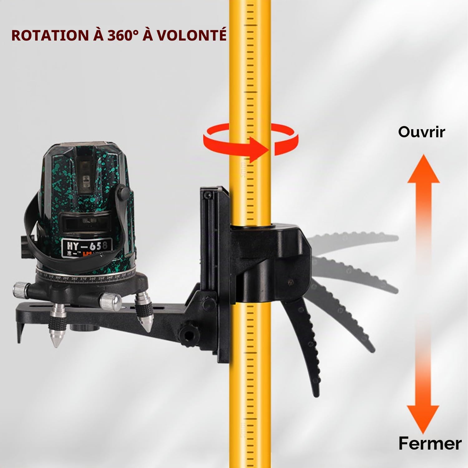 Perche Télescopique 3m/10ft, Trepied Laser avec Réglage Hauteur, Tige Telescopique Niveau Laser 360° Rotation, Support Niveau Laser avec Filetage ExtéRieur 1/4" et Adaptateur de Filetage 5/8"