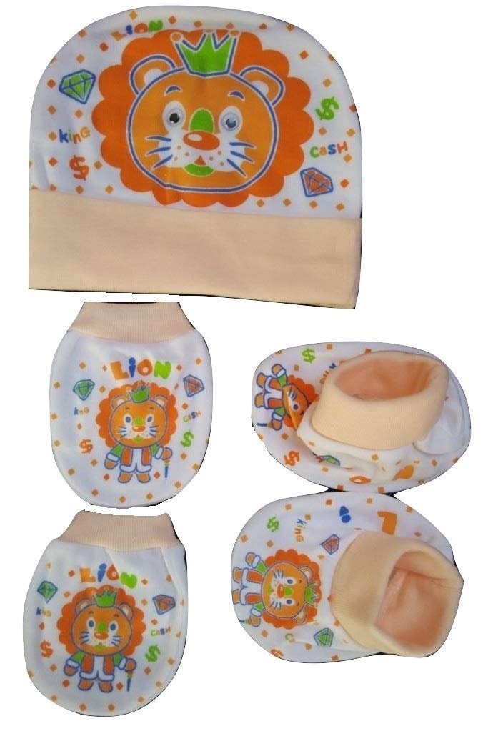 Manan Shopee1 Pc Baby Skin Friendly Cap Mitten Booties Set 0-6M (Color And Design & Print Ship As Per Stock Available)