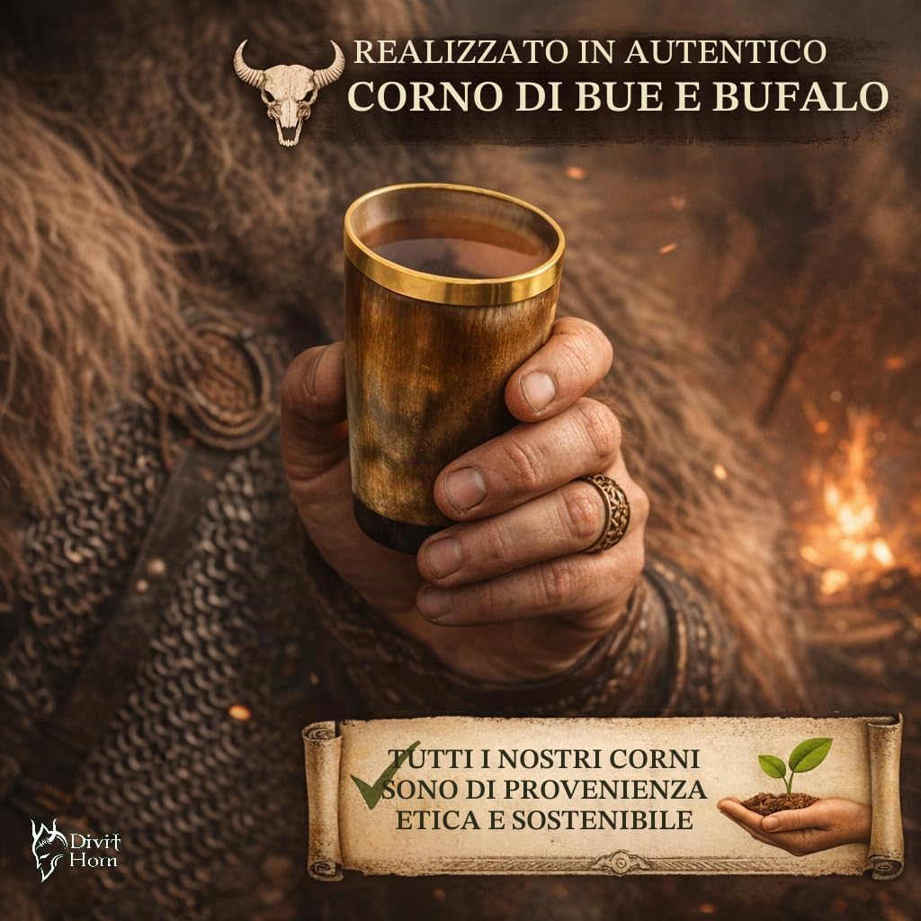 Bicchierini Vichingo in Corno Autentico | Bicchierini con Coperchio per Birra Autentico e Medievale | capienza di 130 ml (4.5 oz) | Bicchierini in Corno della Migliore qualità