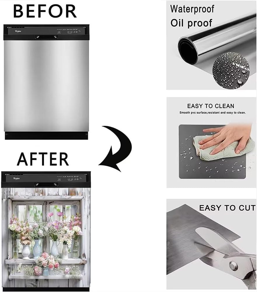 Generic Vase Flowers Dishwasher Magnet Cover Decorative Modern Style Magnetic Dish Washer Front Door Panel Decal Trimmable Sticker for Kitchen Appliance 23x26inch, Rimyy73-5