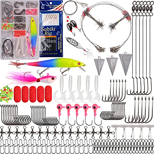 AGOOL 184pcs Saltwater Fishing Tackle Surf Fishing Kit - Fishing Bait Rigs Saltwater Fishing Lure Minnow Spoon Bucktail JIg Fishing Hooks Pyramid Sinker Swivel Foam Floats Beach Fishing Gear